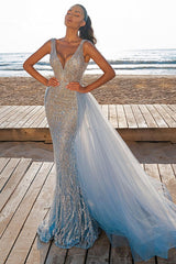 Glamorous Sequins Crystal Mermaid Prom Dress V-Neck Sleeveless-Ballbella