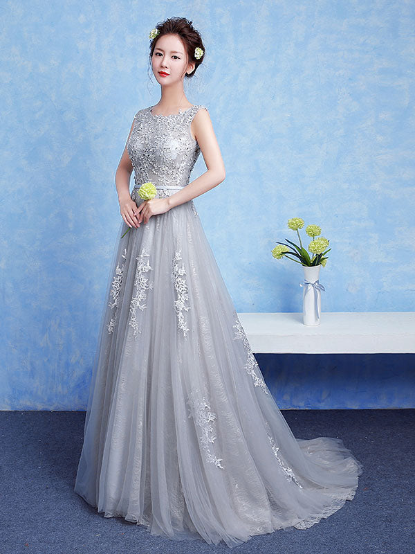 Glamorous Silver evening Dress Tulle Backless Party Dress Lace Applique A Line Occasion Dress With Train Glamorous Silver evening Dress Tulle Backless Party Dress Lace Applique A Line Occasion Dress With Train