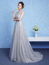 Glamorous Silver evening dress Tulle Backless Party Dress Lace Applique A Line Occasion Dress With Train-Ballbella