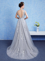 Glamorous Silver evening dress Tulle Backless Party Dress Lace Applique A Line Occasion Dress With Train-Ballbella
