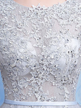 Glamorous Silver evening dress Tulle Backless Party Dress Lace Applique A Line Occasion Dress With Train-Ballbella