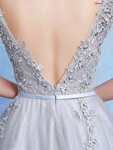 Glamorous Silver evening dress Tulle Backless Party Dress Lace Applique A Line Occasion Dress With Train-Ballbella