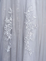 Glamorous Silver evening dress Tulle Backless Party Dress Lace Applique A Line Occasion Dress With Train-Ballbella