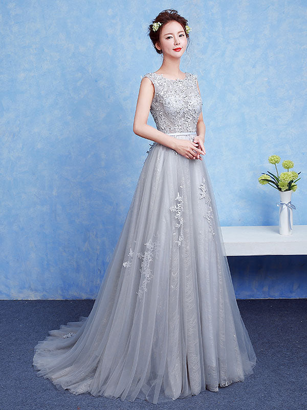 Glamorous Silver Evening Dress Tulle Backless Party Dress Lace Applique A Line Occasion Dress with Train Glamorous Silver Evening Dress Tulle Backless Party Dress Lace Applique A Line Occasion Dress with Train
