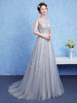 Glamorous Silver evening dress Tulle Backless Party Dress Lace Applique A Line Occasion Dress With Train-Ballbella
