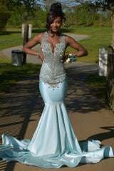 Glamorous Sky Blue Crystal Mermaid Sleeveless V-Neck Prom Dress-Ballbella