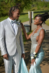 Glamorous Sky Blue Crystal Mermaid Sleeveless V-Neck Prom Dress-Ballbella