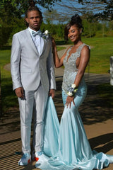 Glamorous Sky Blue Crystal Mermaid Sleeveless V-Neck Prom Dress-Ballbella