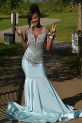Glamorous Sky Blue Crystal Mermaid Sleeveless V-Neck Prom Dress-Ballbella