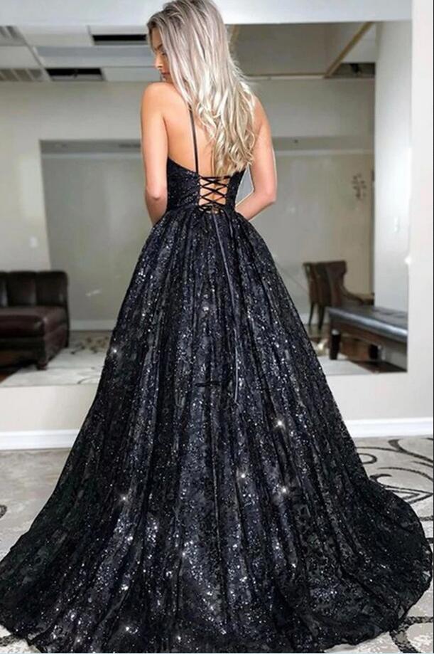 Glamorous Spaghetti-Straps Black Sequins Long Evening Prom Dress Glamorous Spaghetti-Straps Black Sequins Long Evening Prom Dress
