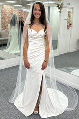 Glamorous Sweetheart Satin Mermaid Sleeveless Wedding Dresses Spaghetti-Straps Side Slit With Pleats-Ballbella