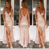 Glamorous V-Neck Sequins Prom Dress Long With Split Sleeveless-Ballbella