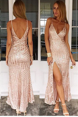Glamorous V-Neck Sequins Prom Dress Long With Split Sleeveless-Ballbella