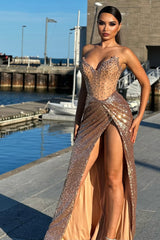 Glamorous V-Neck Strapless Sleeveless Mermaid Prom Dresses High Split With Gem-Ballbella