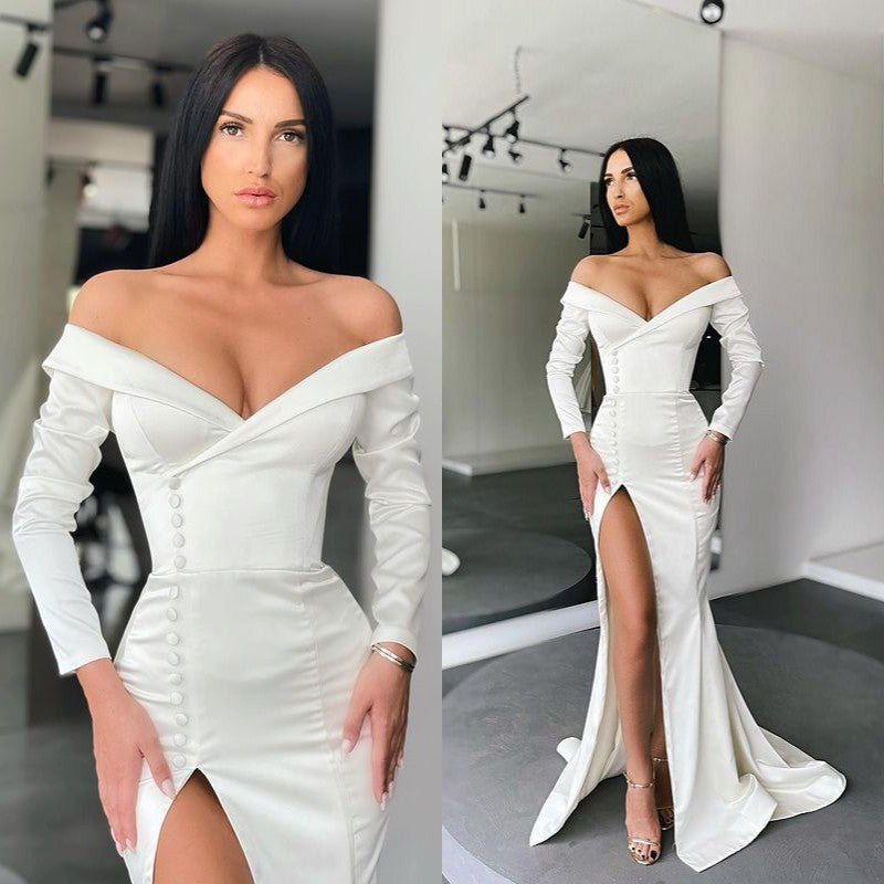Glamorous White Long Sleeves Mermaid Evening Dress Off-the-shoulder Sp Ballbella Glamorous White Long Sleeves Mermaid Evening Dress Off-the-shoulder Sp Ballbella