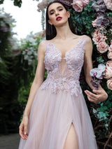 Glamorous Women Evening Dress A-Line V-Neck Floor-Length Backless Applique Lace Social Pageant Dresses Split Gown-Ballbella