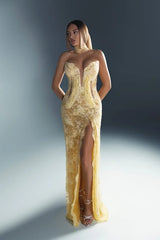 Glamorous Yellow V-Neck Strapless Sleeveless Prom Dress Mermaid Column With High Split-Ballbella