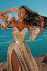 Glitter Sleeveless Splitfront Evening Party Maxi Dress Wedding Party Dress-Ballbella