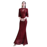 Glittering Half Sleeves Keyhole Mermaid Long Burgundy Prom Party Gowns-Ballbella