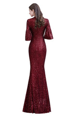 Glittering Half Sleeves Keyhole Mermaid Long Burgundy Prom Party Gowns-Ballbella