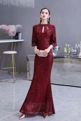 Glittering Half Sleeves Keyhole Mermaid Long Burgundy Prom Party Gowns-Ballbella