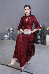 Glittering Half Sleeves Keyhole Mermaid Long Burgundy Prom Party Gowns-Ballbella