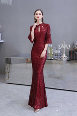Glittering Half Sleeves Keyhole Mermaid Long Burgundy Prom Party Gowns-Ballbella