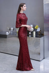 Glittering Half Sleeves Keyhole Mermaid Long Burgundy Prom Party Gowns-Ballbella