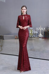Glittering Half Sleeves Keyhole Mermaid Long Burgundy Prom Party Gowns-Ballbella