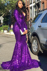 Glittering V-neck Long Sleevess Sequins Mermaid Prom Dresses-Ballbella