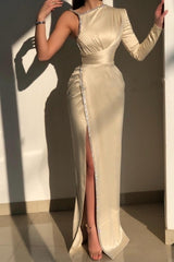 Glorious Ivory One Shoulder Long-Sleeve Sheath Evening Dresses With Sequins-Ballbella