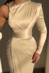 Glorious Ivory One Shoulder Long-Sleeve Sheath Evening Dresses With Sequins-Ballbella