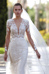 Glorious V-Neck Mermaid Appliques Long Sleeves Wedding Dresses Lace Appliques-Ballbella
