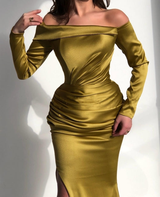 Glorious Yellow Off-the-shoulder Long-Sleeve Mermaid Long-Sleeve Evening Dresses Glorious Yellow Off-the-shoulder Long-Sleeve Mermaid Long-Sleeve Evening Dresses