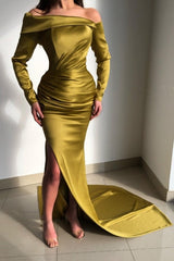 Glorious Yellow Off-the-shoulder Long-Sleeve Mermaid Long-Sleeve Evening Dresses-Ballbella