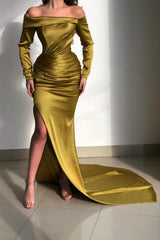 Glorious Yellow Off-the-shoulder Long-Sleeve Mermaid Long-Sleeve Evening Dresses-Ballbella