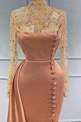 Goegeous Long Sleeves Mermaid Evening Dress Lace High-Neck With Buttons-Ballbella