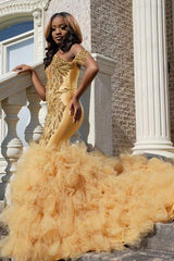 Gold Beads Appliques Fit and Flare Prom Dresses Off-the-Shoulder Tulle Ruffles Evening Gowns-Ballbella
