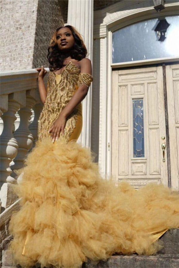 Gold Beads Appliques Fit and Flare Prom Dresses Off-the-Shoulder