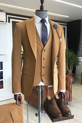 Gold Brown Designer Peaked Lapel Men Suits with Three Pieces-Ballbella