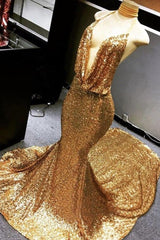 Gold Halter V-neck Mermaid Charming Sequined Deep Flow Neck Prom Party Gowns-Ballbella