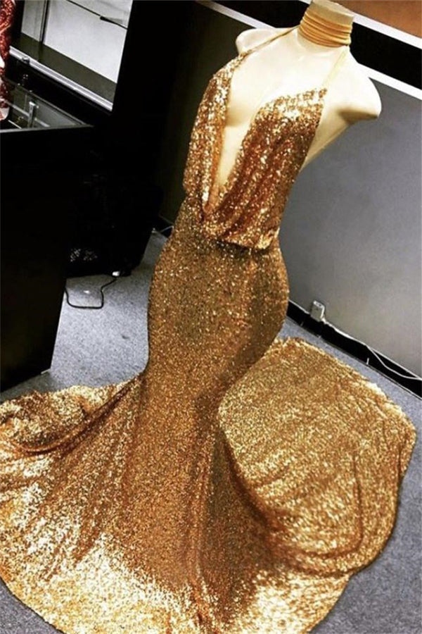 Gold Halter V-Neck Mermaid Charming Sequined Deep Flow Neck Prom Party Gowns Gold Halter V-Neck Mermaid Charming Sequined Deep Flow Neck Prom Party Gowns