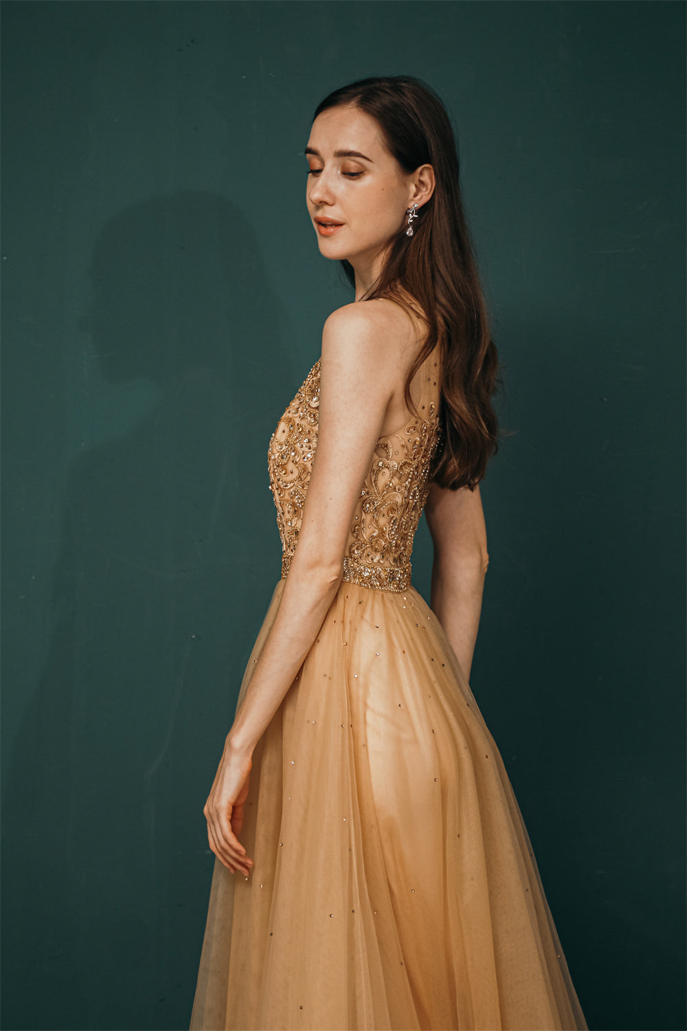 Gold Illusion neck Beaded Appliques Prom Dress, Gold / US2 Gold Illusion neck Beaded Appliques Prom Dress, Gold / US2