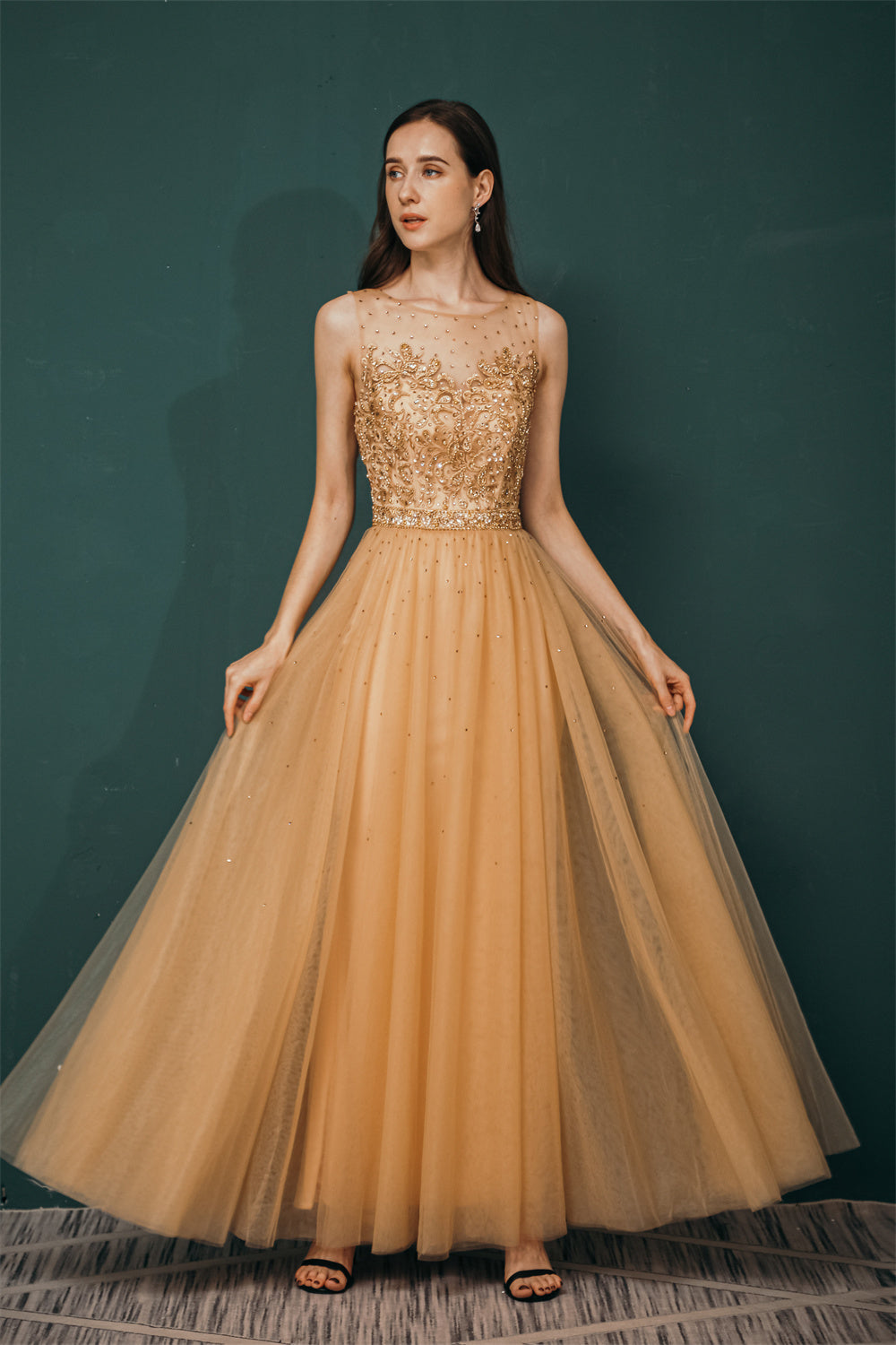 Gold Illusion Neck Beaded Appliques Prom Dress, Gold / US2 Gold Illusion Neck Beaded Appliques Prom Dress, Gold / US2