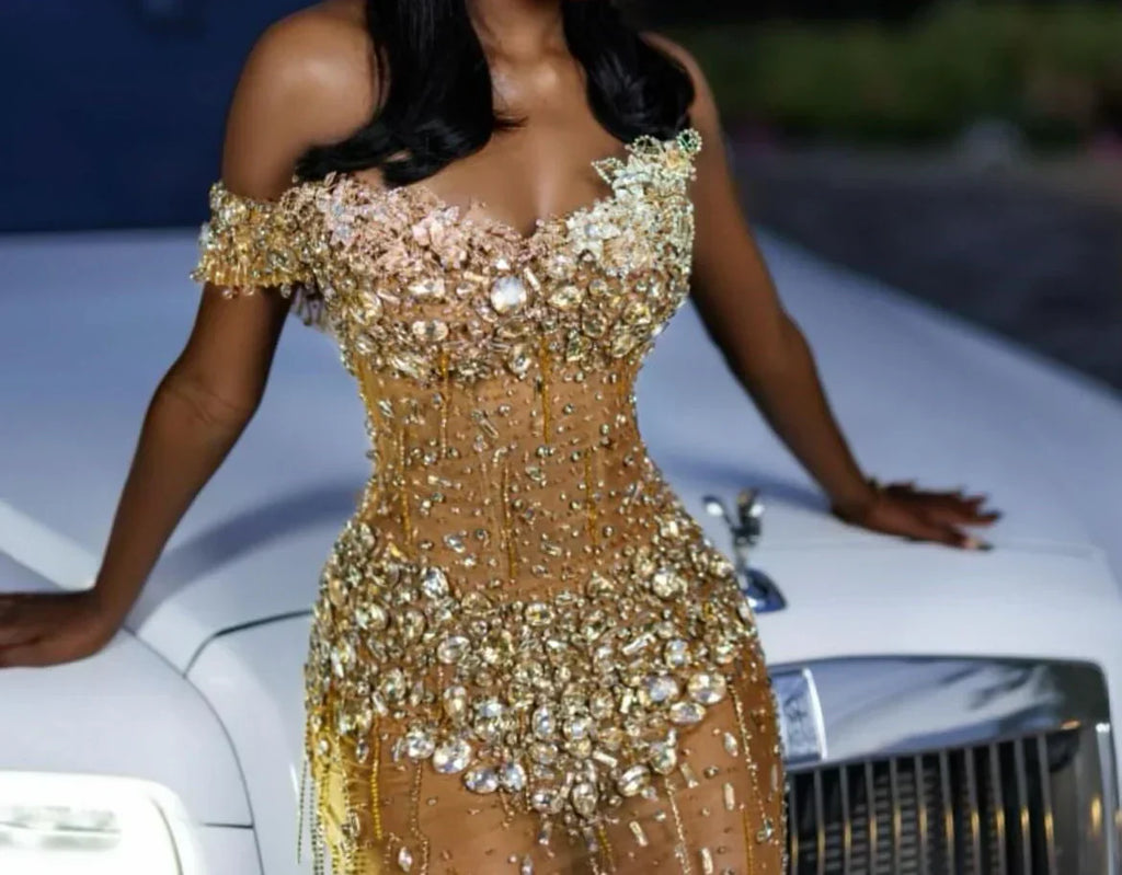 Gold Off Shoulder Sweetheart Silver Gems Floor length Prom Dress