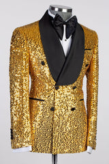 Gold Sequin Shawl Lapel Double-Breasted Prom Suit-Ballbella