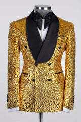 Gold Sequin Shawl Lapel Double-Breasted Prom Suit-Ballbella