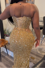 Gold Sleeveless Flowers Sequin Column Floor length Sparkle Prom Dresses-Ballbella