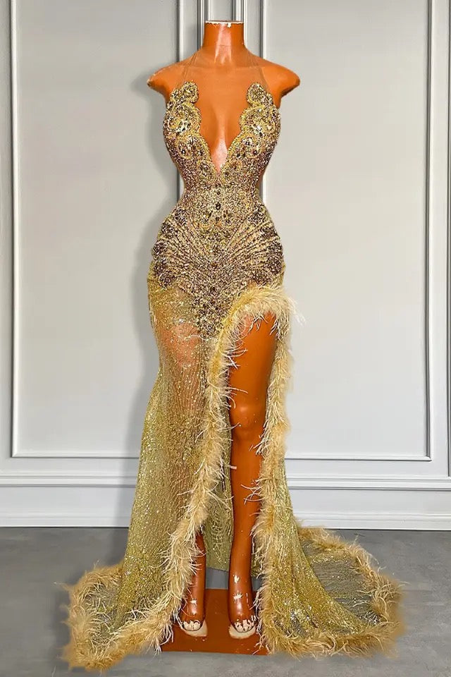 Gold Sleeveless Mermaid Prom Dress with Sequins High Slit and Feather – Ballbella