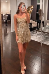 Gold Sparkle Tassels Lace-up Back Short Homecoming Dresses-Ballbella